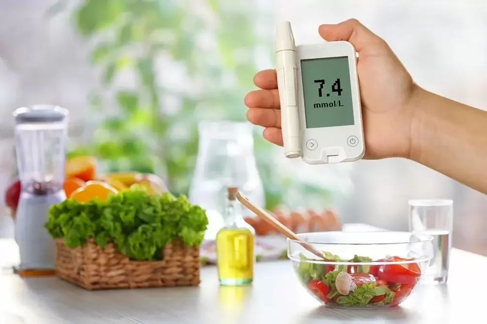 Glucómetro e comida para a diabetes